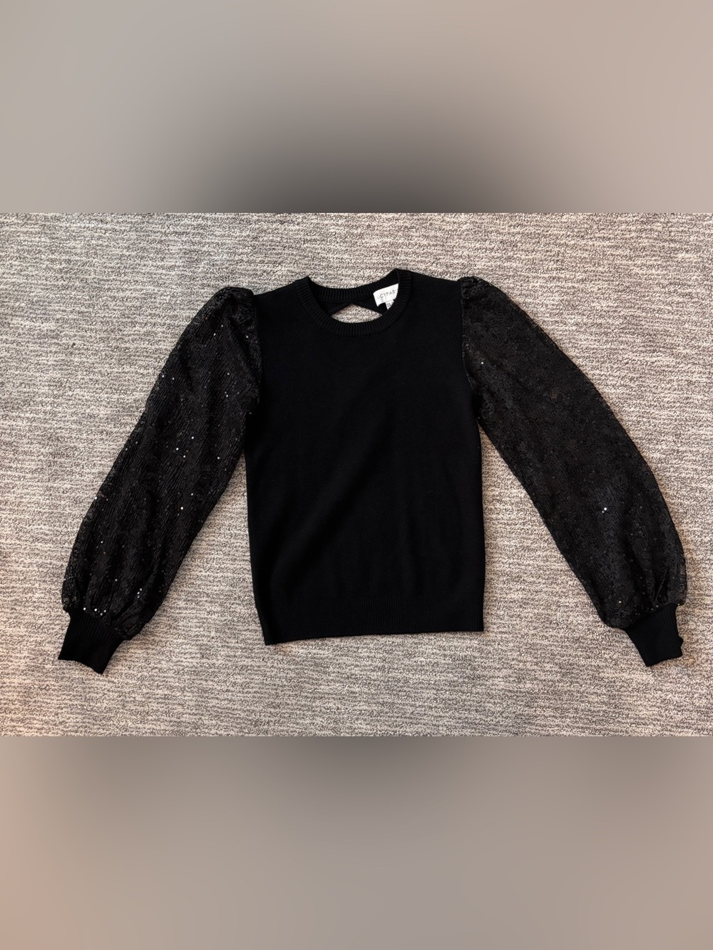 Lucy Paris Black Sequin Puff Sleeve Cutout Back Knit Sweater Size S NWOT